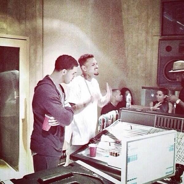 Drake and Chris Brown photographed in the studio together