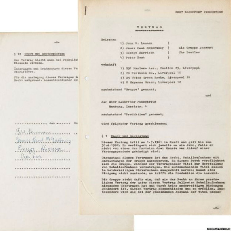 The Beatles record contract in Hamburg to be sold at auction