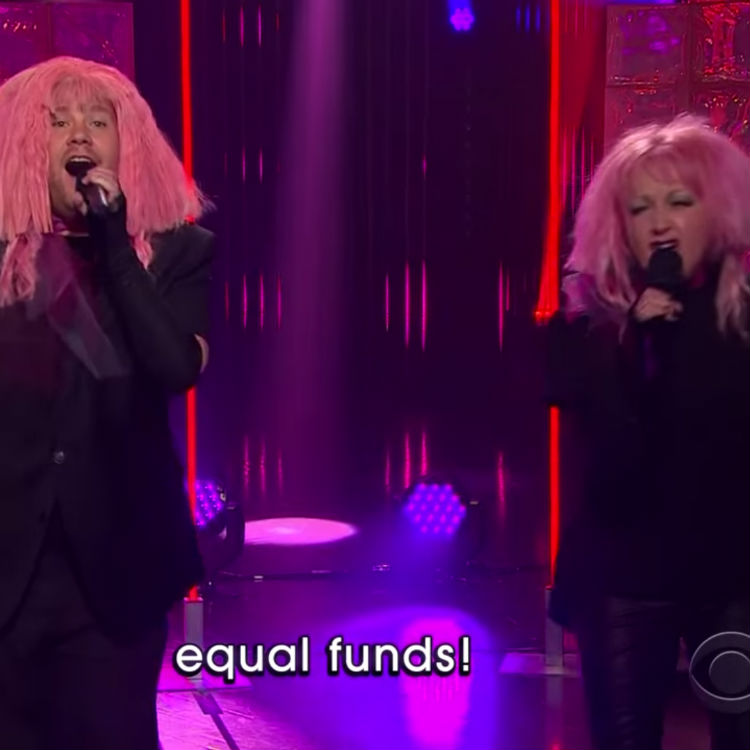 Cyndi Lauper James Corden sing Girls Just Want Equal Funds video