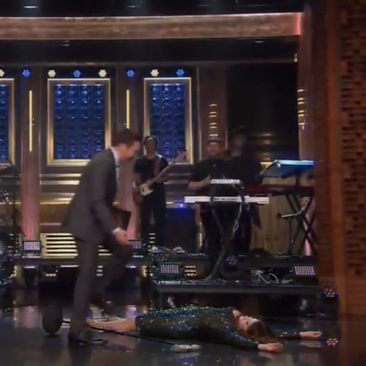 Meghan Trainor falls over on The Tonight Show ahead of new album