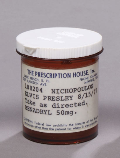 This Elvis Presley prescription bottle from 1977 – sadly the drugs weren't included – went under the hammer for $800 at a Las Vegas auction in May of this year. For your information, Benadryl is an antihistamine that's often taken by recreational drug users for its sedative effects. 