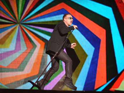 U2 open the 2009 Brit Awards ceremony at Earl's Court in London with 'Get On Your Boots'. The track is the lead single to the band's twelfth studio album 'No Line On The Horizon', released on March 2. 