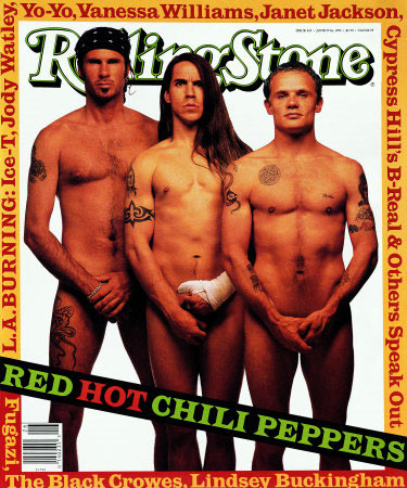 Red Hot Chili Peppers (Rolling Stone, June 1992) - The Chili Peppers joined the naked Rolling Stone cover club in the summer of 1992. Typically humorous, we love the expression on Anthony Kiedis' face  