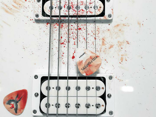 Rehearsals made Dave Grohl's Fingers Bleed: During rehearsals for their Mexico comeback gig, the above picture was shared by the band, showing a guitar spattered by blood shed from too much shredding. Wherever this album is going know this - there WILL be blood.