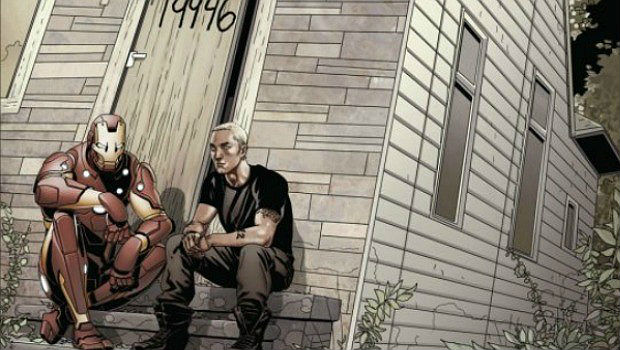 Eminem meets the Mighty Avengers: In issue #3 of the updated Avengers run, there is a limited edition cover that features Iron Man and slim shady sitting outside the old house from the front of the Marshall Mathers LP. It was released to celebrate the second chapter of the iconic album.